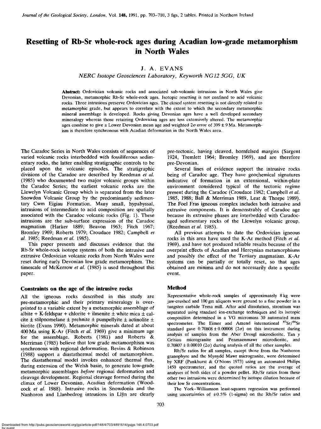 Resetting of Rb-Sr Whole-Rock Ages During Acadian Low-Grade Metamorphism in North Wales