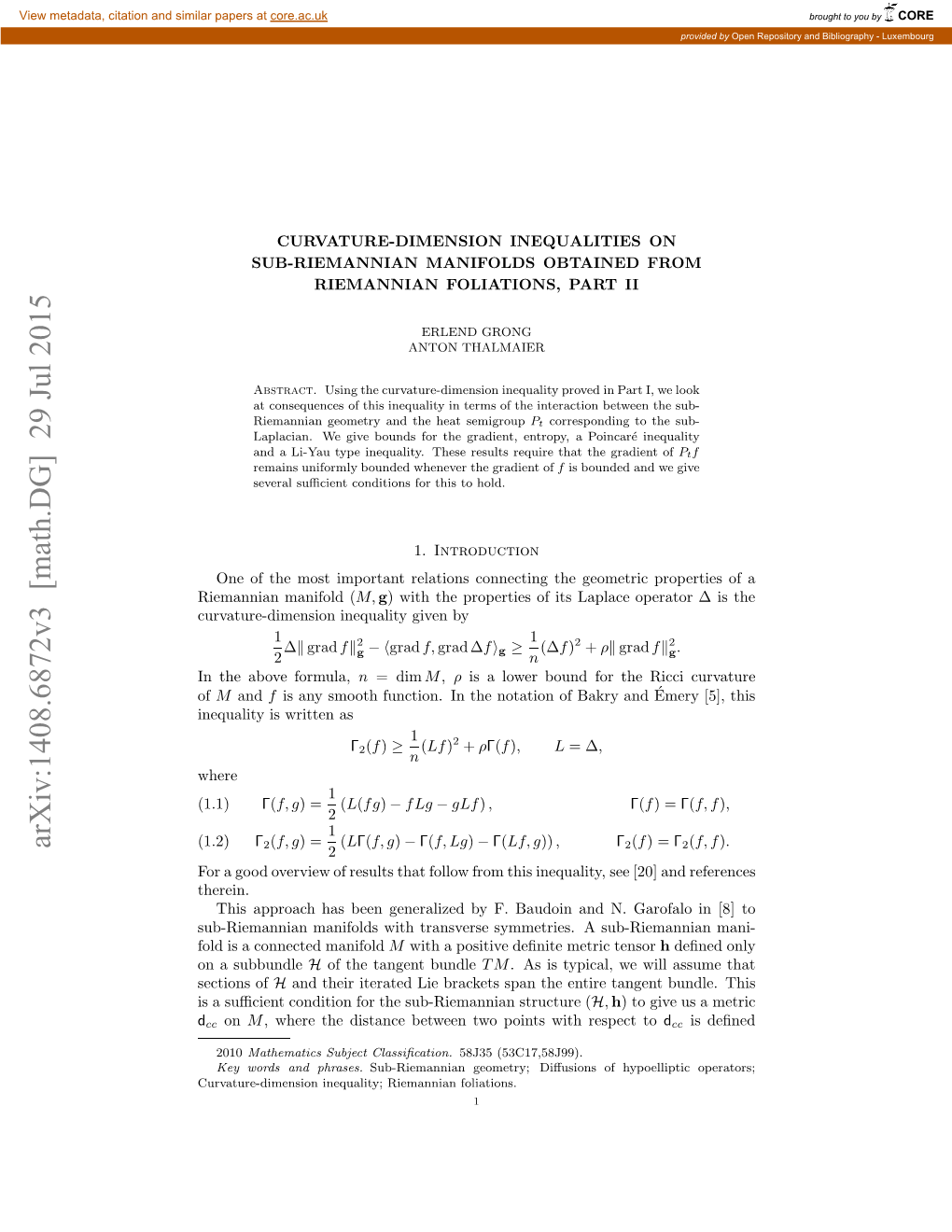 Math.DG] 29 Jul 2015 of O Odoeve Frslsta Olwfo Hsieult,Se[20 See Inequality, This from Follow That Therein