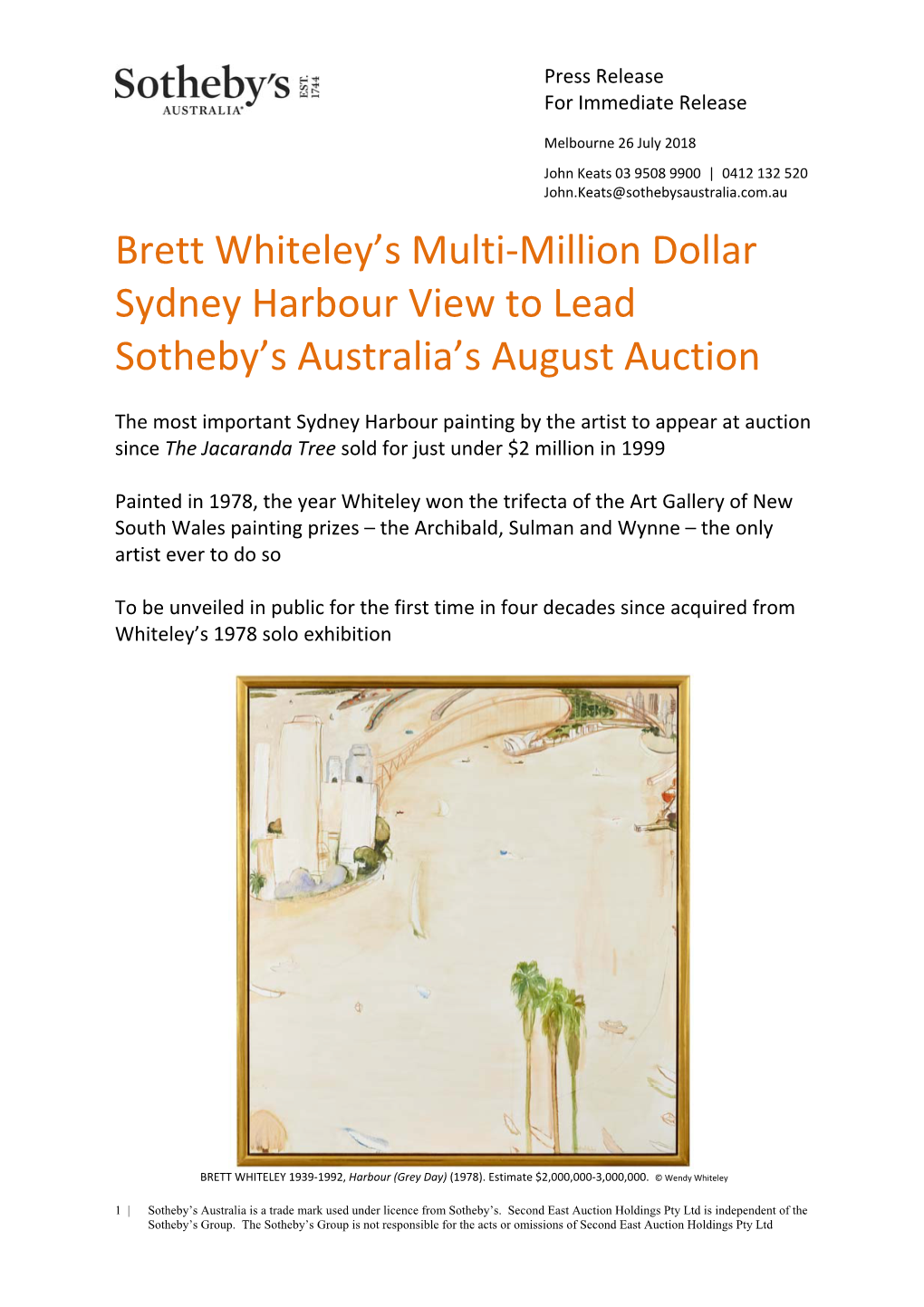 Brett Whiteley's Multi-Million Dollar Sydney Harbour View to Lead