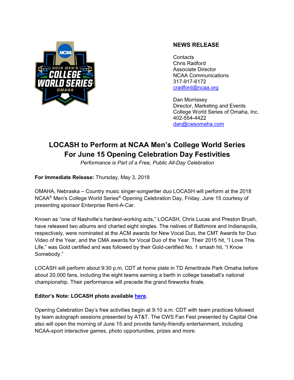 LOCASH to Perform at NCAA Men's College World Series for June 15