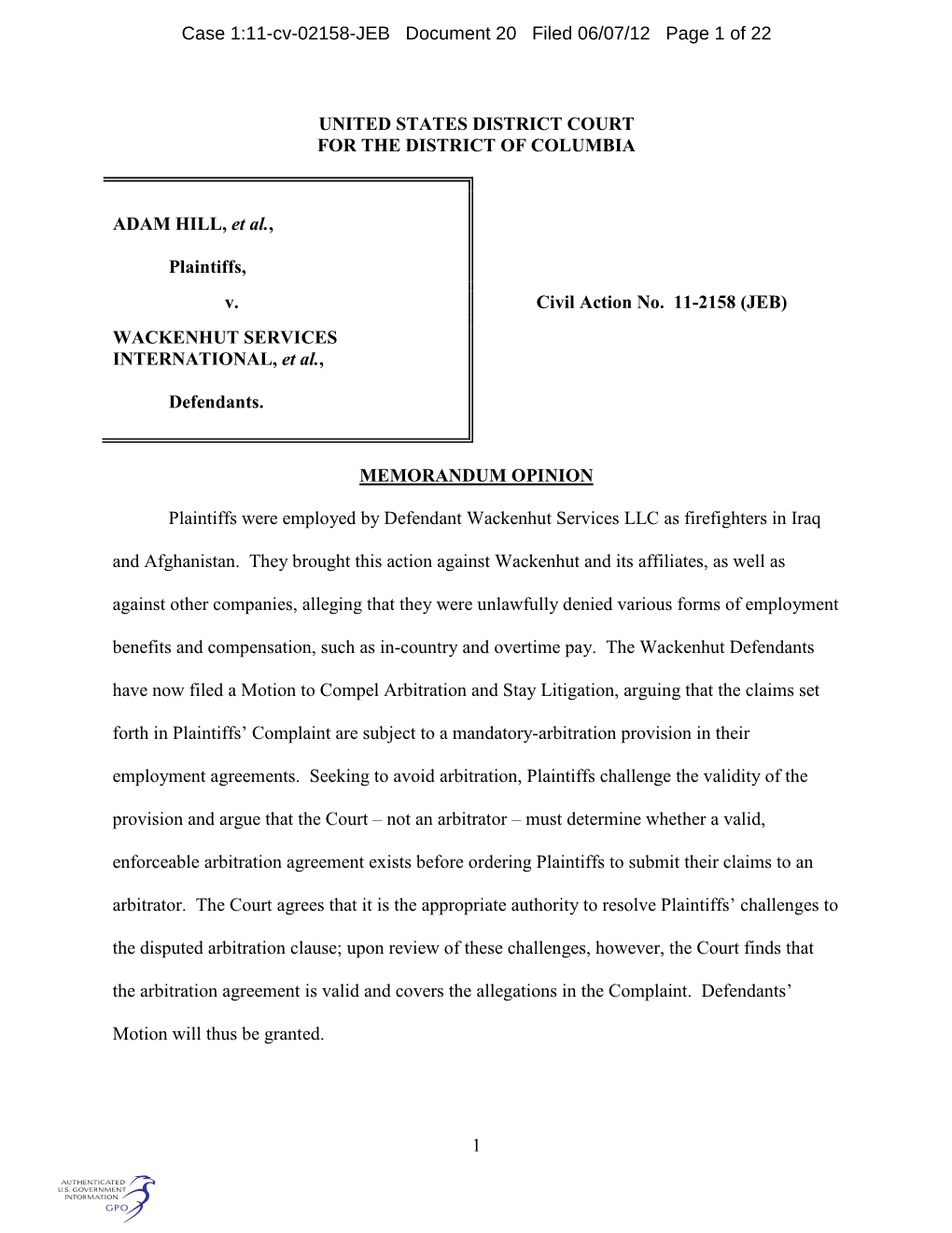 Case 1:11-Cv-02158-JEB Document 20 Filed 06/07/12 Page 1 of 22