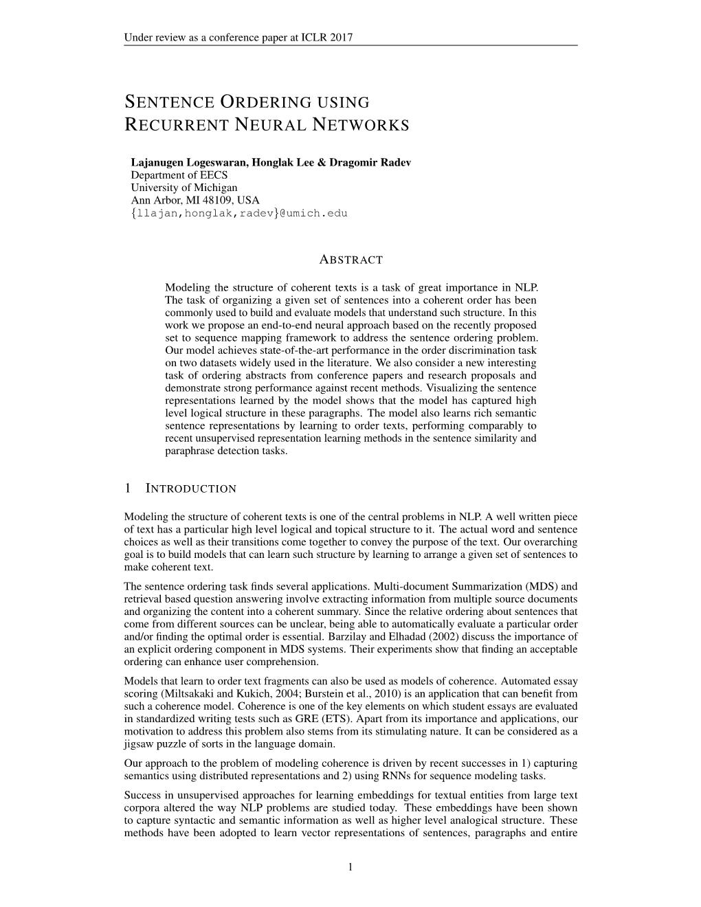 Sentence Ordering Using Recurrent Neural Networks