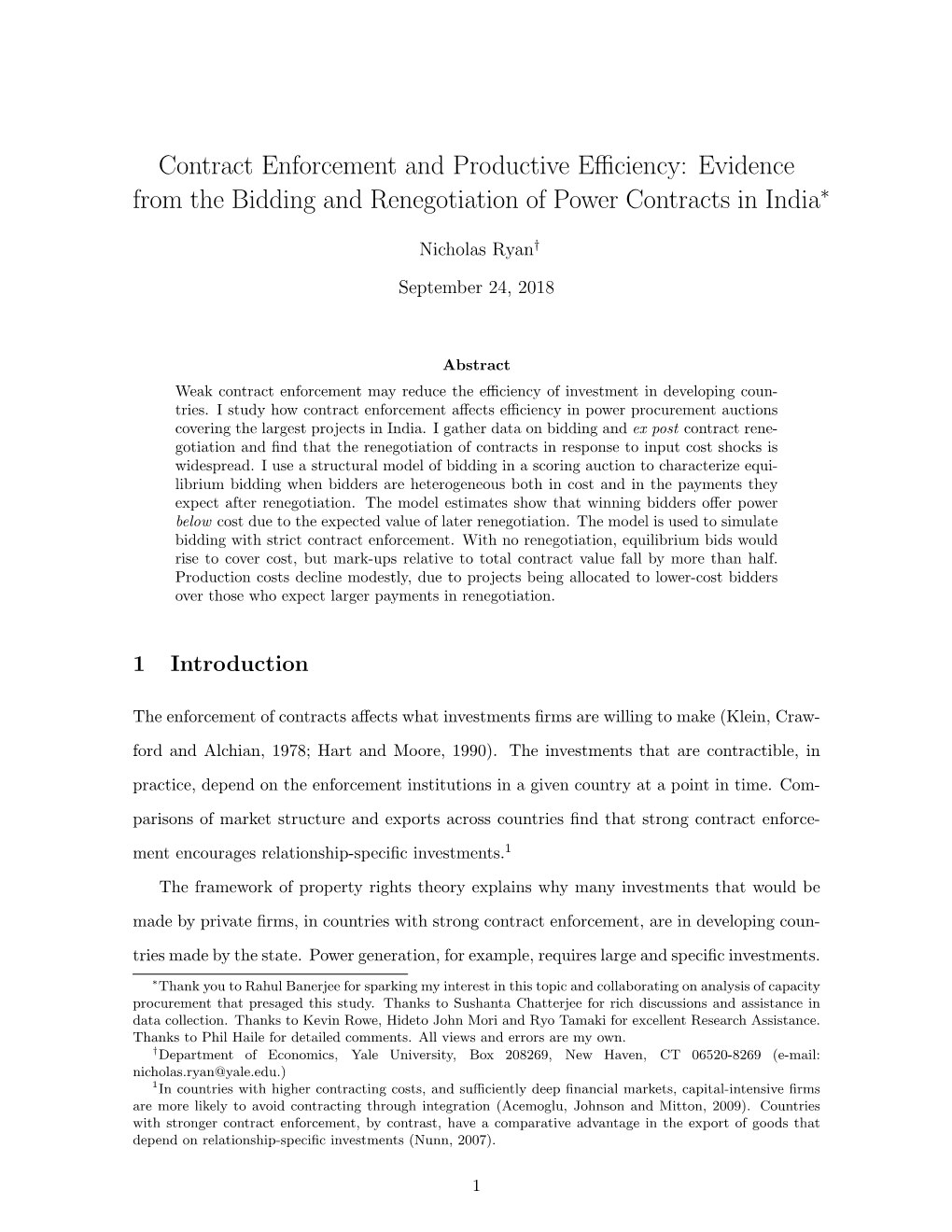 Contract Enforcement and Productive Efficiency: Evidence from the Bidding and Renegotiation of Power Contracts in India