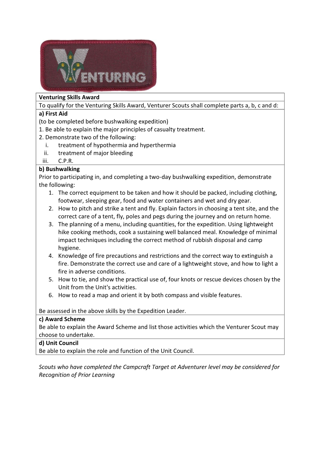 Venturing Skills Award to Qualify for the Venturing Skills Award, Venturer Scouts Shall Complete Parts A, B, C and D: A) First A