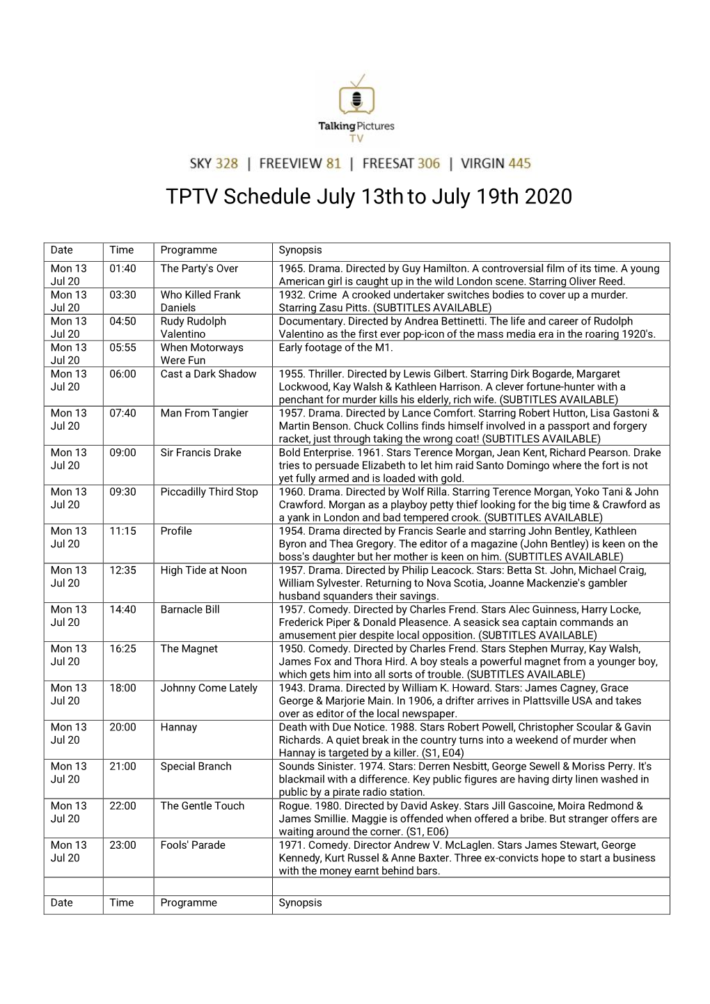 TPTV Schedule July 13Thto July 19Th 2020