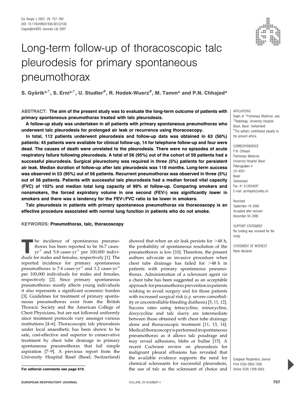 Long-Term Follow-Up of Thoracoscopic Talc Pleurodesis for Primary Spontaneous Pneumothorax