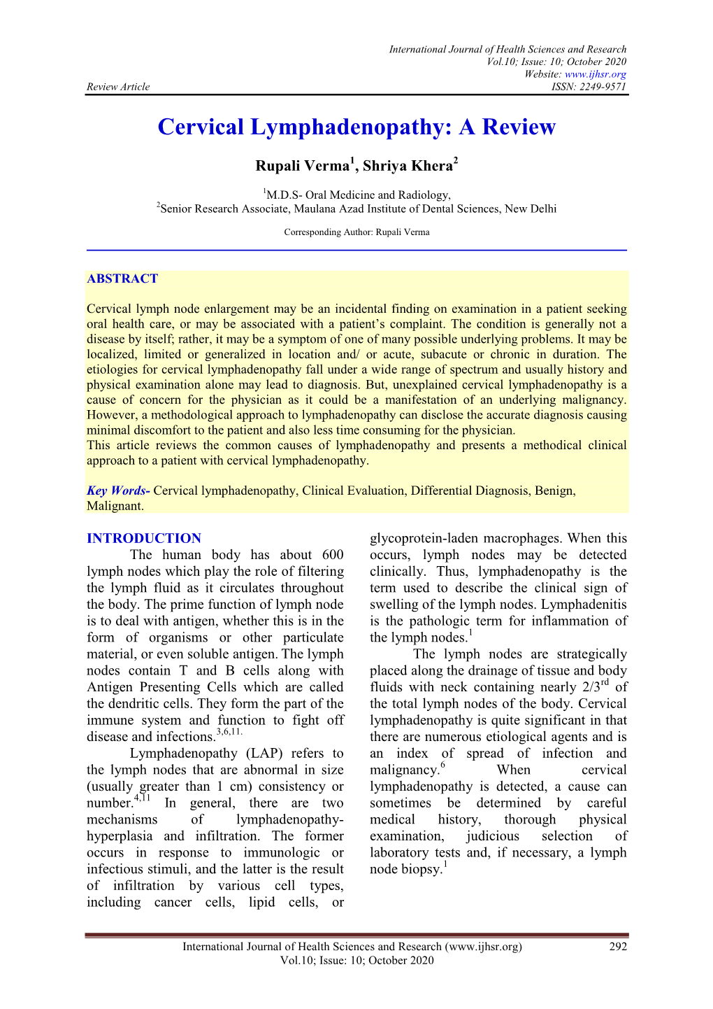 Cervical Lymphadenopathy: a Review