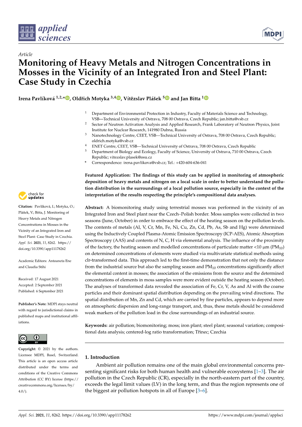 Monitoring of Heavy Metals and Nitrogen Concentrations in Mosses in the Vicinity of an Integrated Iron and Steel Plant: Case Study in Czechia