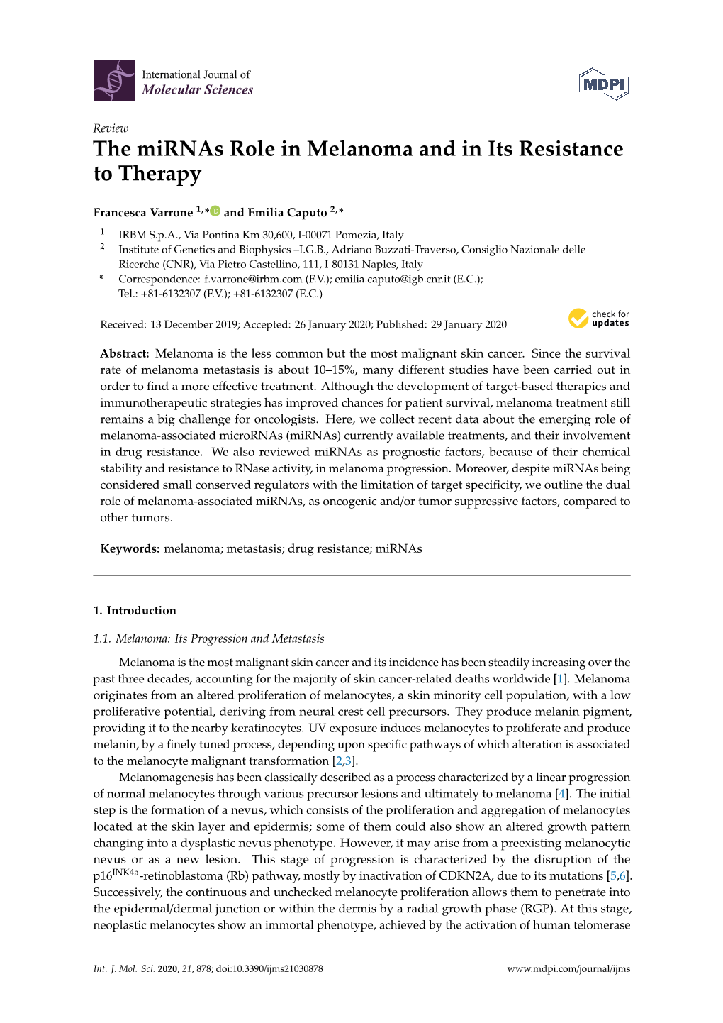 The Mirnas Role in Melanoma and in Its Resistance to Therapy