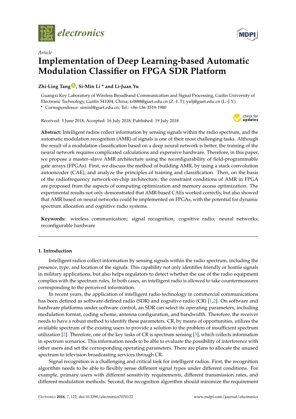 Implementation of Deep Learning-Based Automatic Modulation Classiﬁer on FPGA SDR Platform