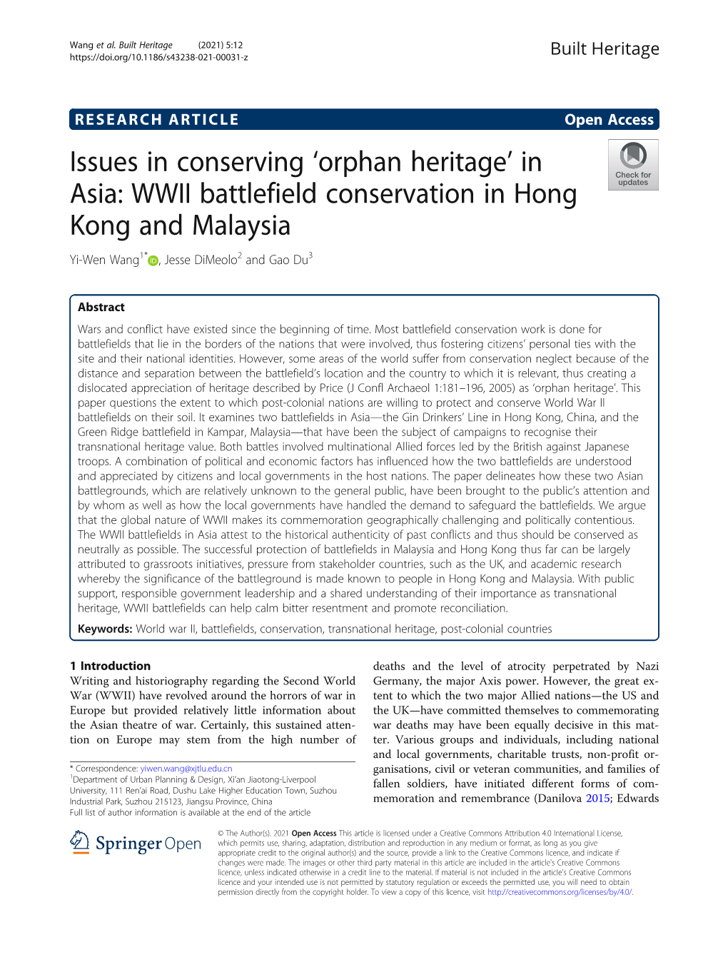 WWII Battlefield Conservation in Hong Kong and Malaysia Yi-Wen Wang1* , Jesse Dimeolo2 and Gao Du3