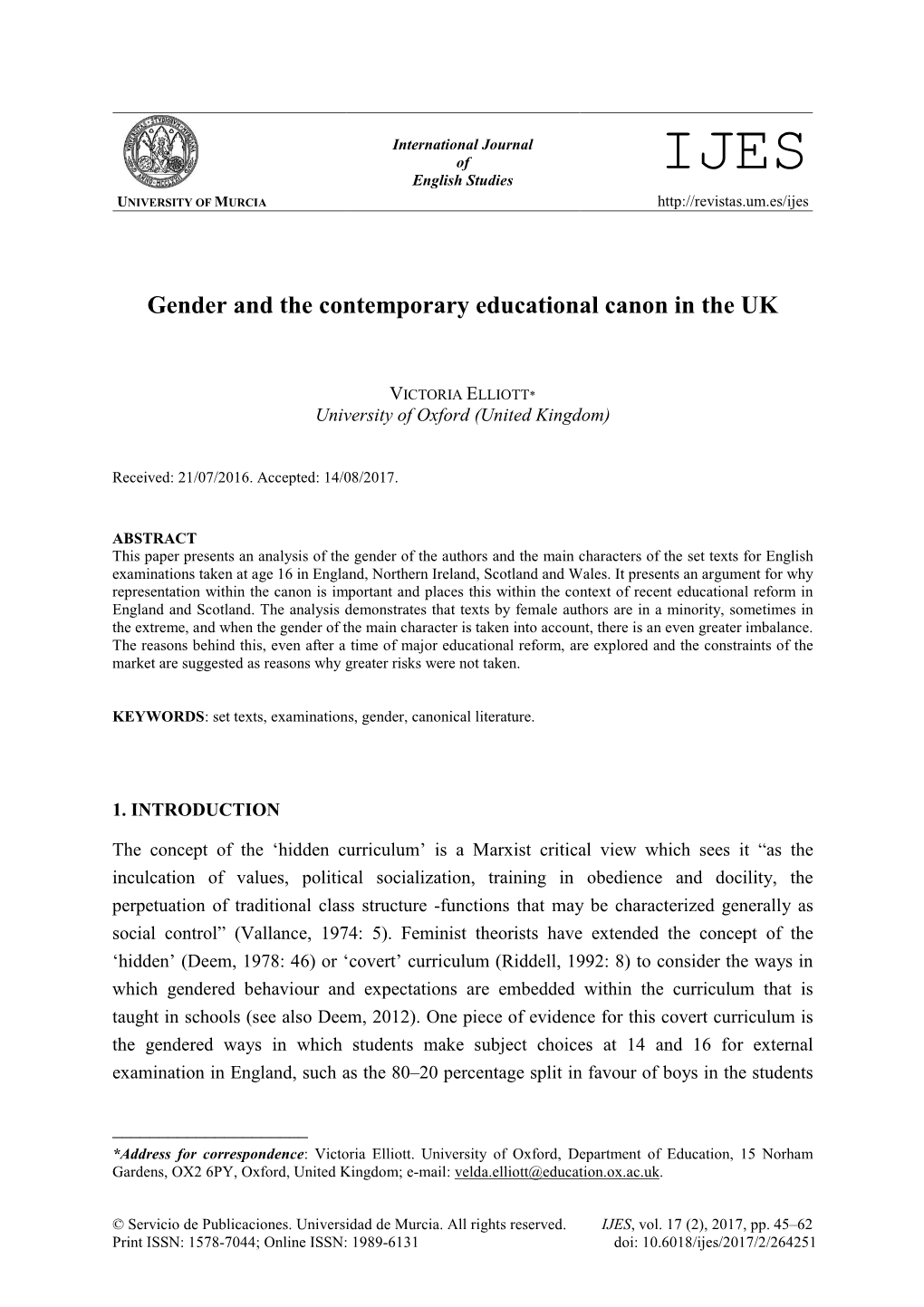 Gender and the Contemporary Educational Canon in the UK