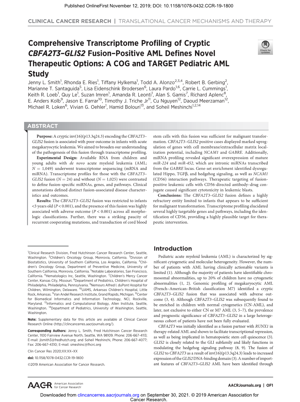 Comprehensive Transcriptome Profiling of Cryptic CBFA2T3 −GLIS2 Fusion−Positive AML Defines Novel Therapeutic Options: a COG and TARGET Pediatric AML Study