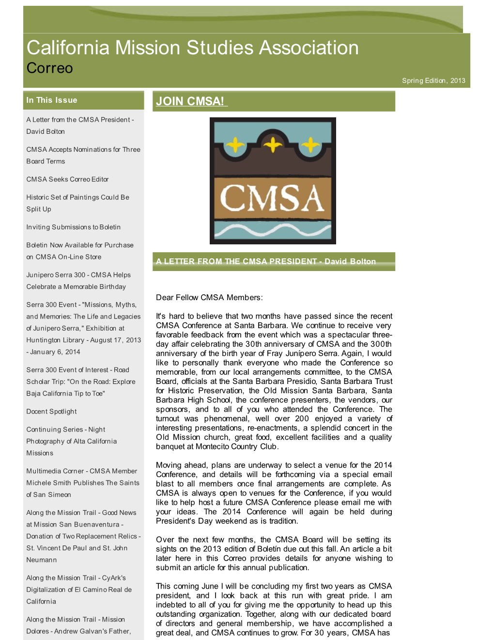 California Mission Studies Association Correo Spring Edition, 2013