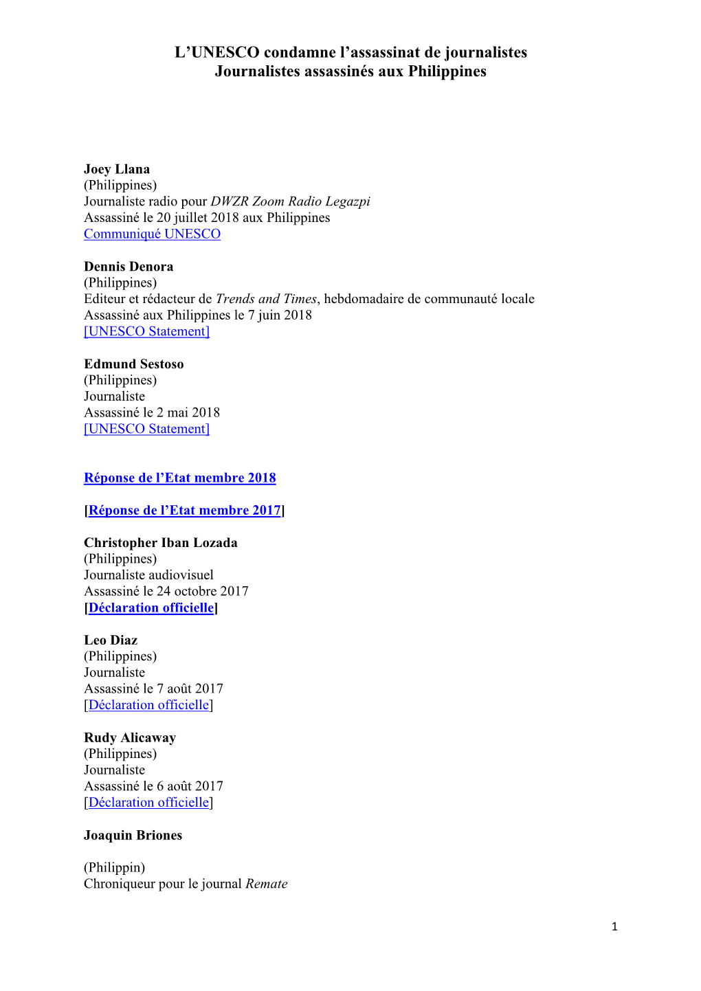 L'unesco Condamne L'assassinat De Journalistes Journalistes Assassinés Aux Philippines