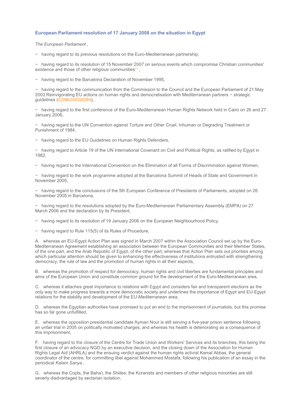 European Parliament Resolution of 17 January 2008 on the Situation in Egypt