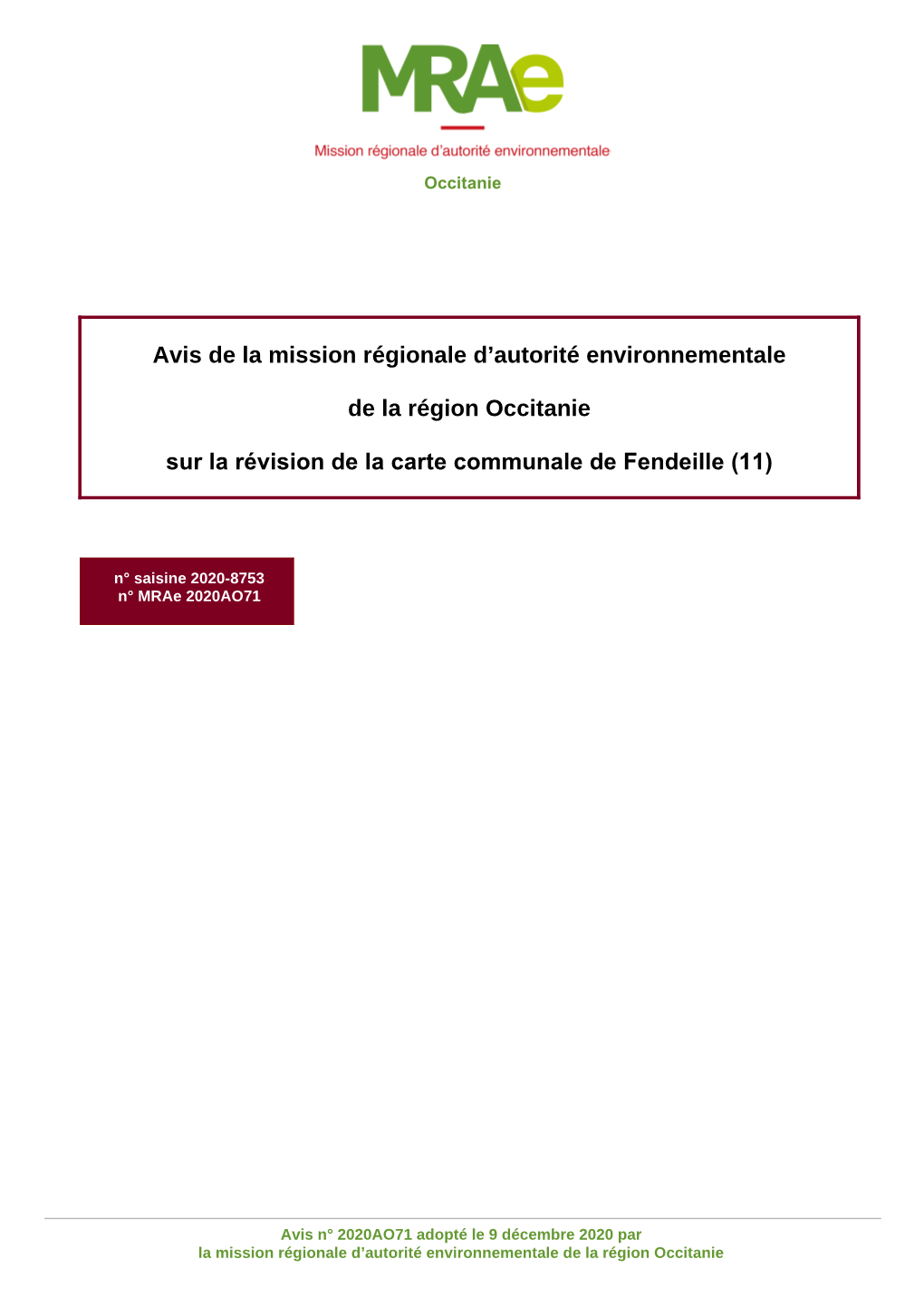 Avis De La Mission Régionale D'autorité Environnementale De La Région