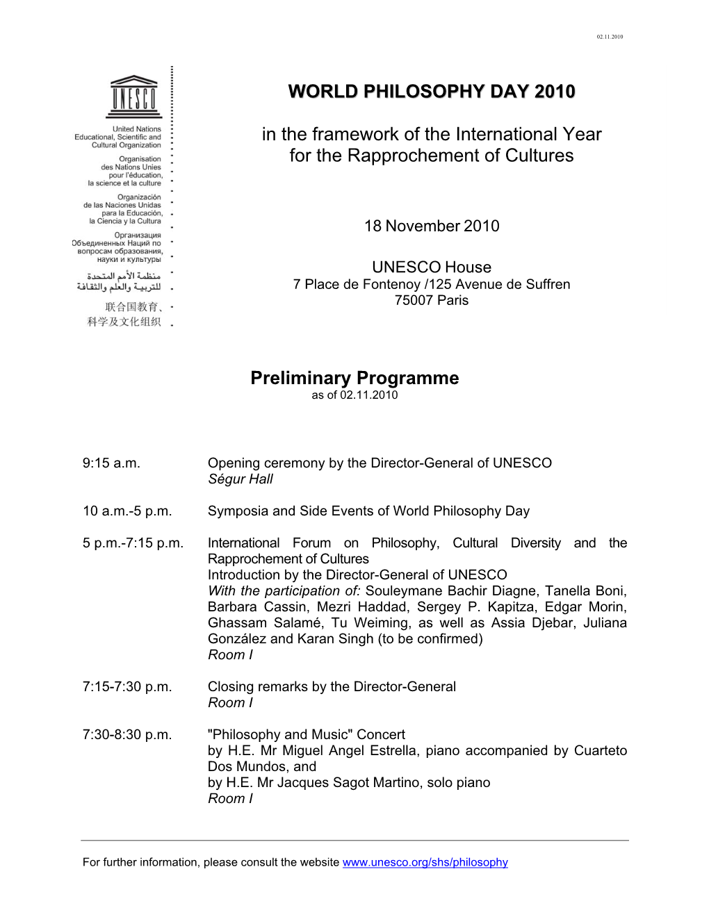 Preliminary Programme WORLD PHILOSOPHY DAY 2010 in The