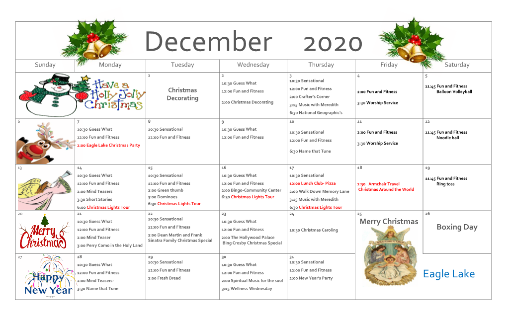 Sagewood EL December 2020 Recreation Calendar