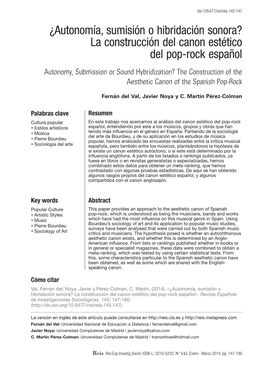 ¿Autonomía, Sumisión O Hibridación Sonora? La Construcción Del Canon Estético Del Pop-Rock Español