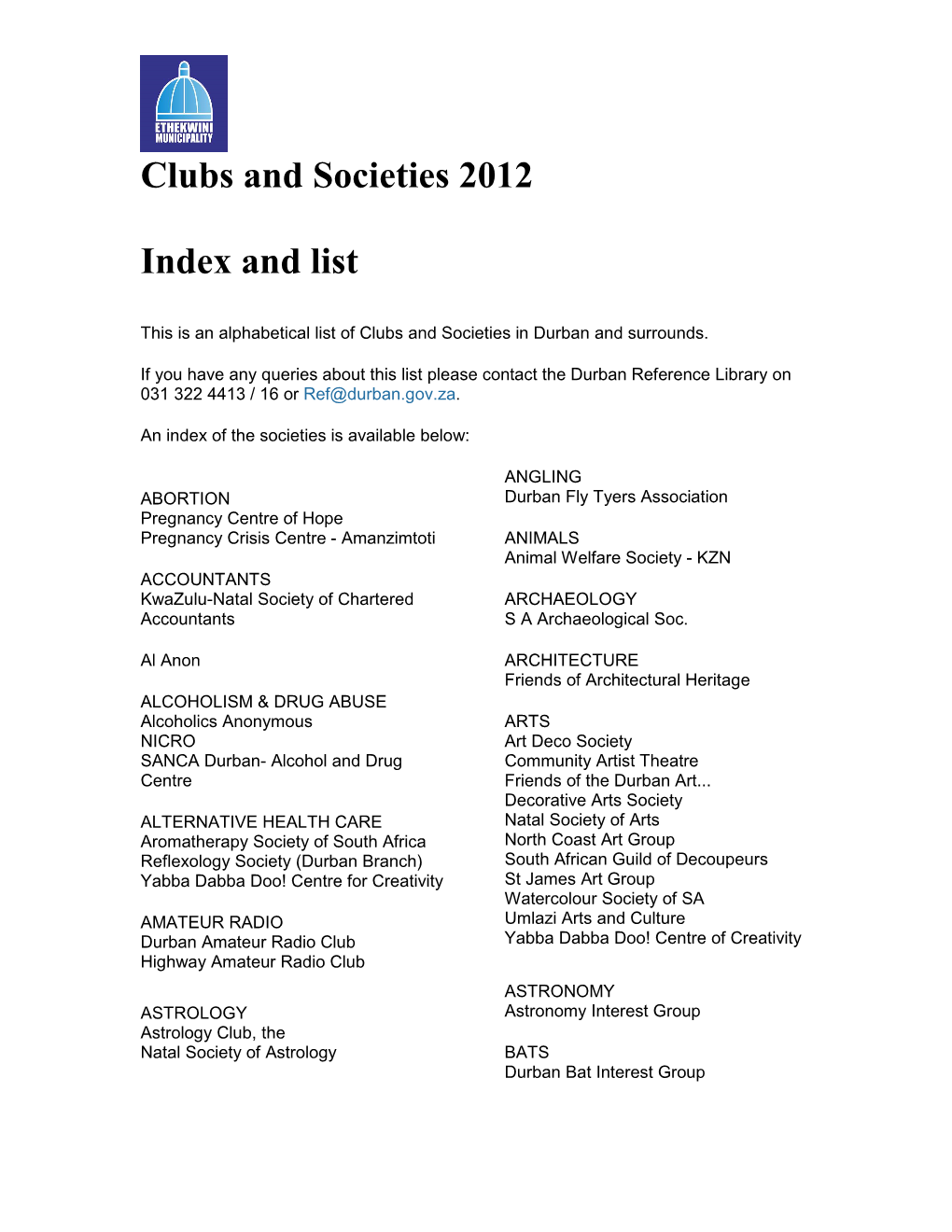 Clubs and Societies 2012 Index and List