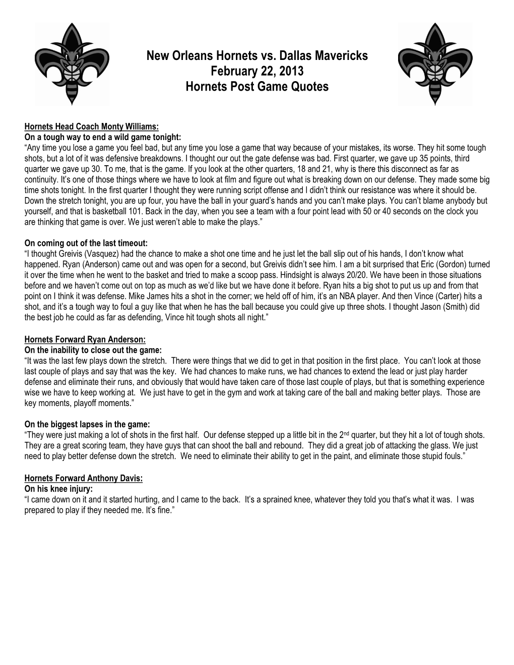 New Orleans Hornets Vs. Dallas Mavericks February 22, 2013 Hornets Post Game Quotes