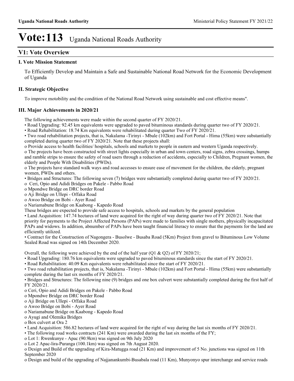 Vote:113 Uganda National Roads Authority V1: Vote Overview I