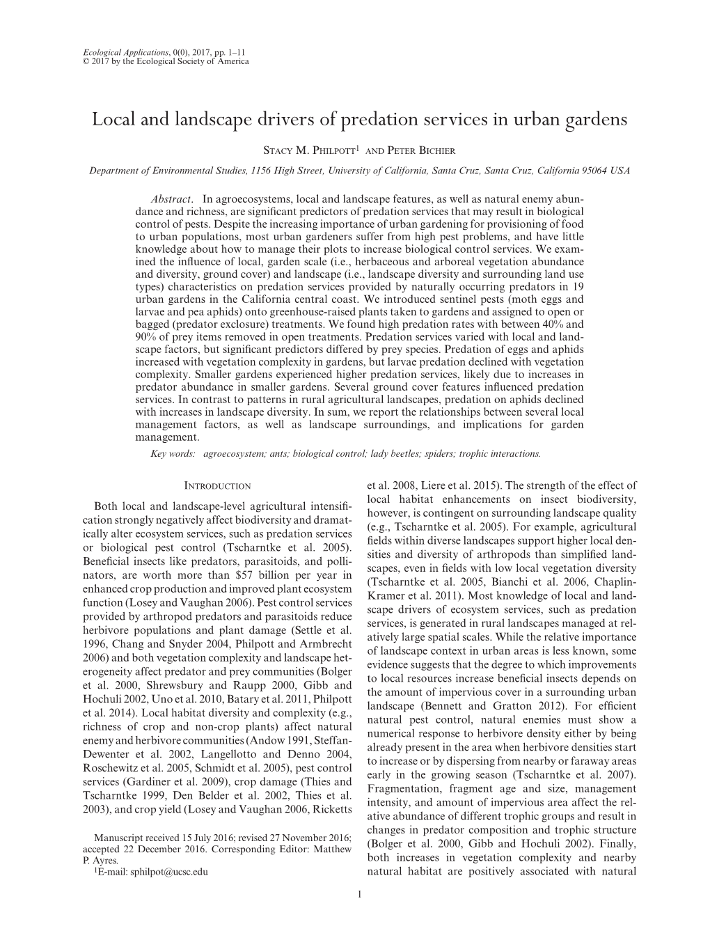 Local and Landscape Drivers of Predation Services in Urban Gardens