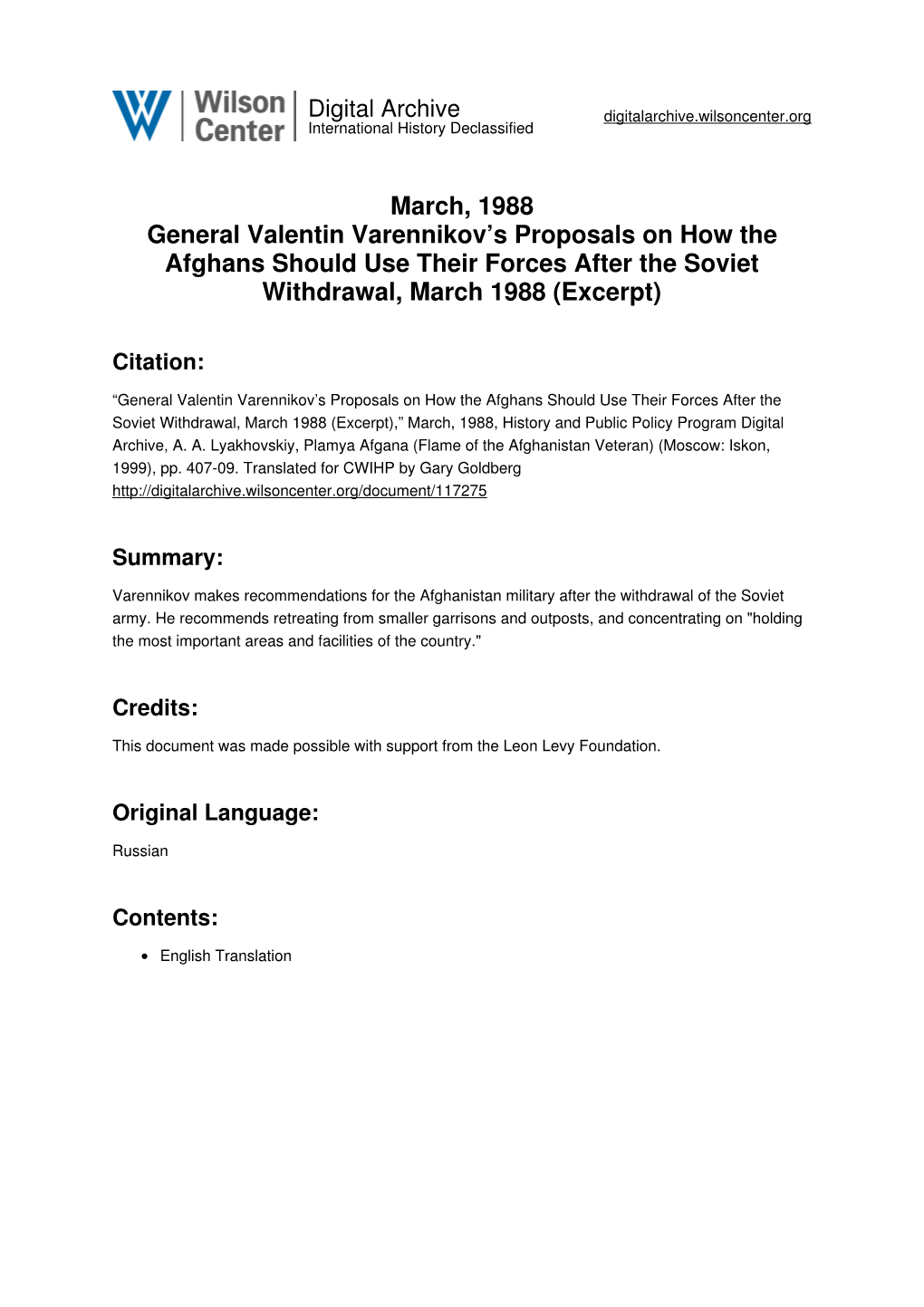 March, 1988 General Valentin Varennikov's Proposals on How The