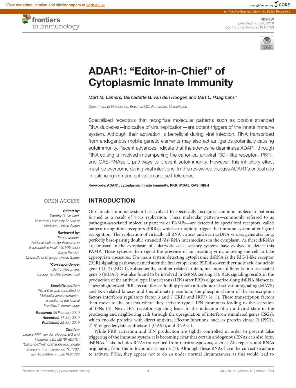 ADAR1: "Editor-In-Chief" of Cytoplasmic Innate Immunity