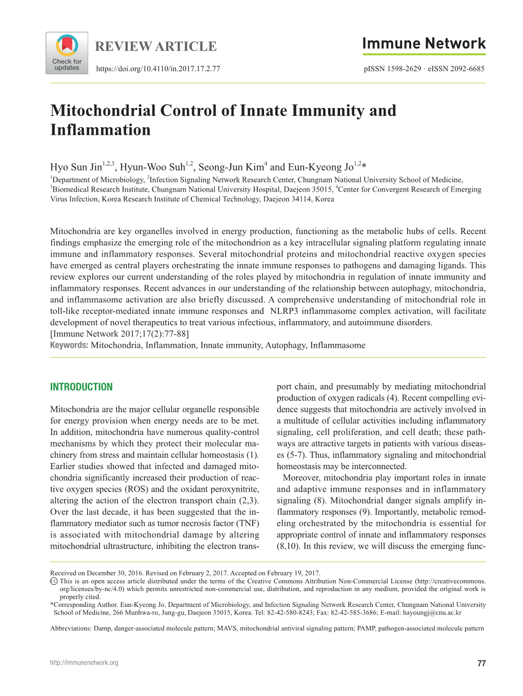 Mitochondrial Control of Innate Immunity and Inflammation