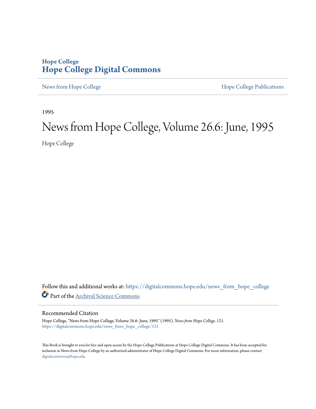 News from Hope College, Volume 26.6: June, 1995 Hope College