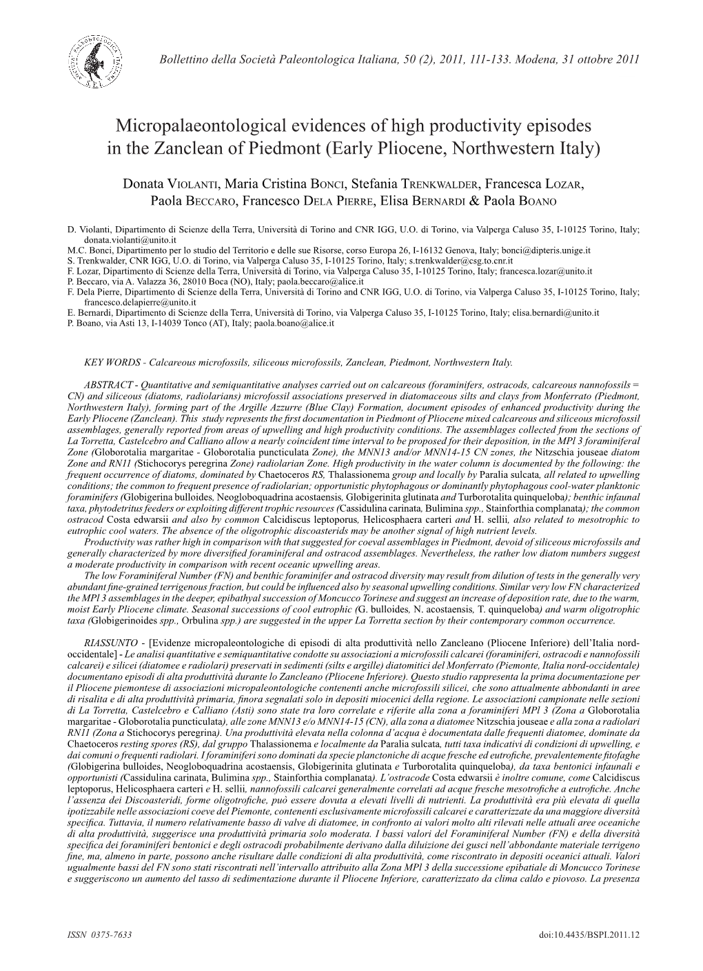 Micropalaeontological Evidences of High Productivity Episodes in the Zanclean of Piedmont (Early Pliocene, Northwestern Italy)