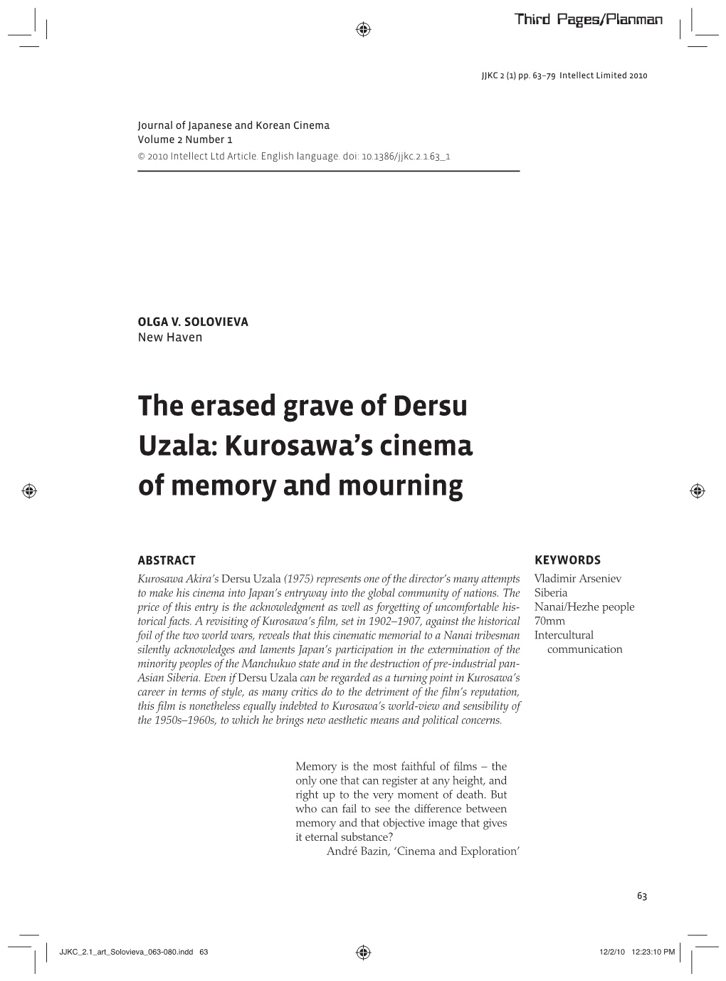 The Erased Grave of Dersu Uzala: Kurosawa’S Cinema of Memory and Mourning