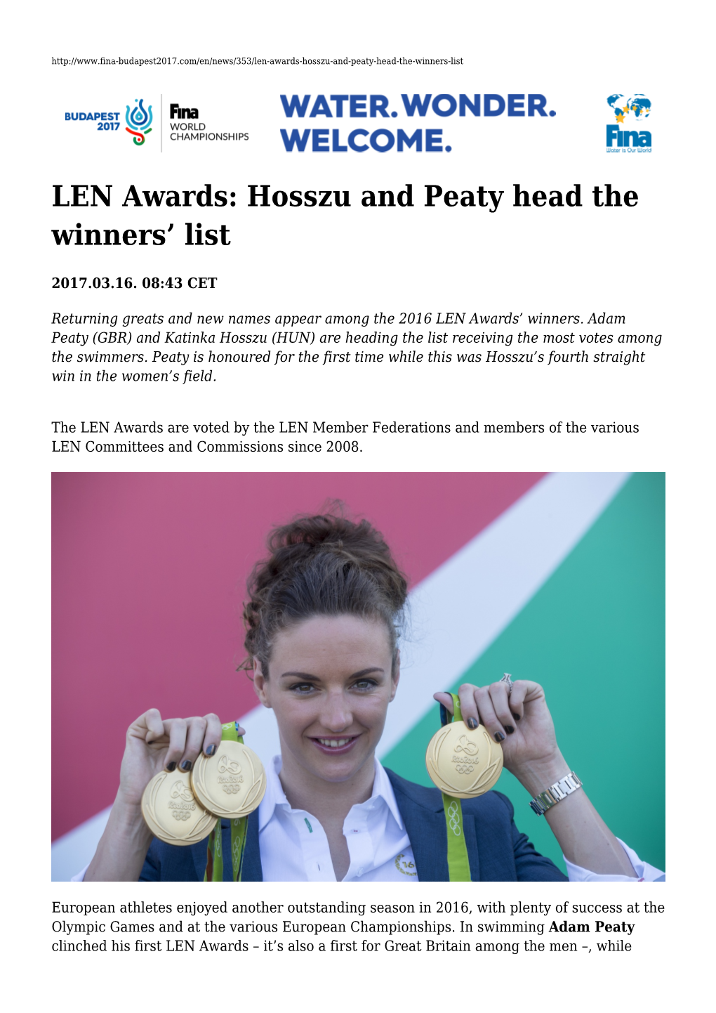 LEN Awards: Hosszu and Peaty Head the Winners' List