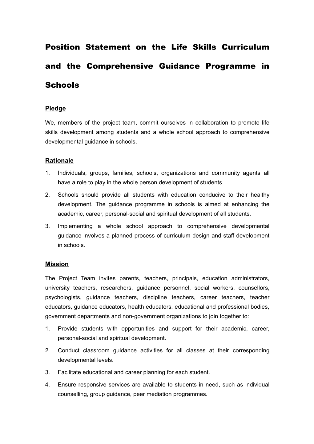 Position Statement on Life Skills Development Curriculum and Comprehensive Development