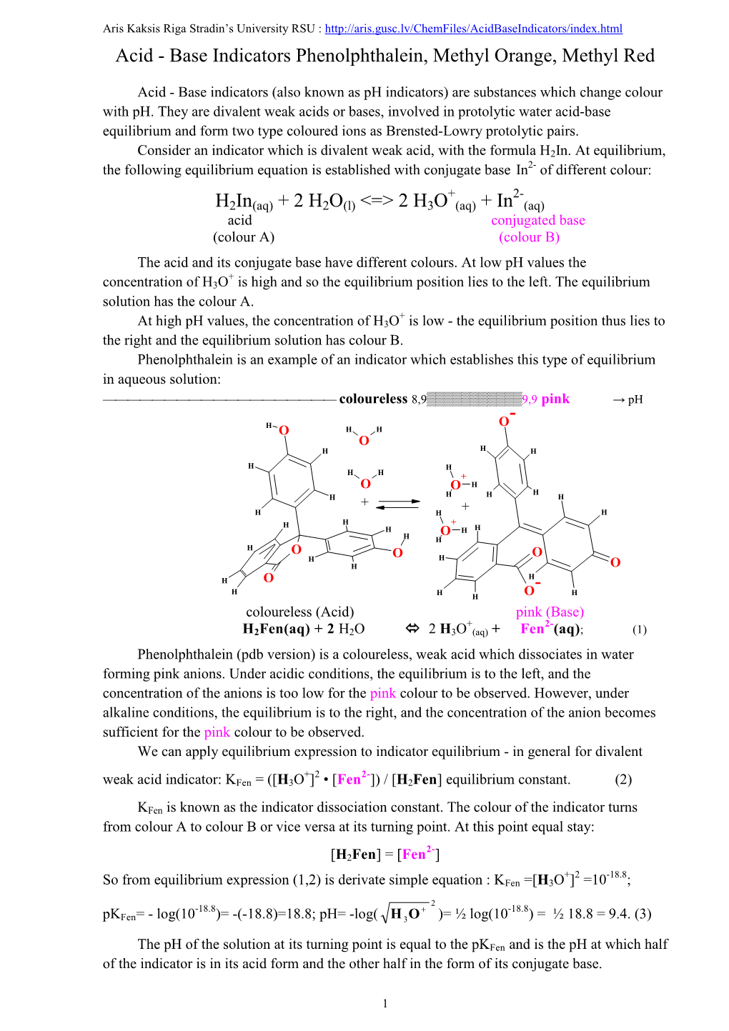 Acidbaseindicators/Index.Html Acid - Base Indicators Phenolphthalein, Methyl Orange, Methyl Red
