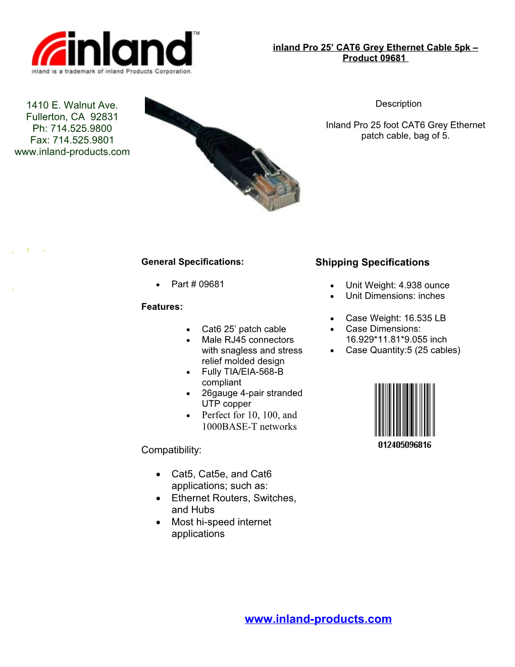 Inland Pro 25 CAT6 Grey Ethernet Cable 5Pk Product 09681