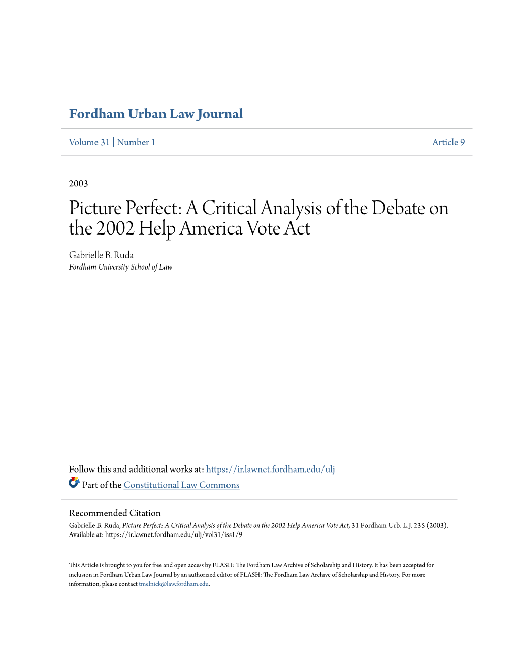 A Critical Analysis of the Debate on the 2002 Help America Vote Act Gabrielle B