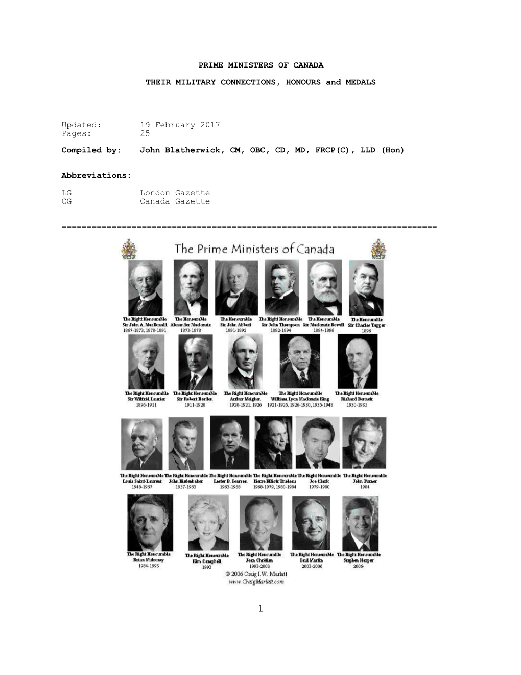 PRIME MINISTERS of CANADA THEIR MILITARY CONNECTIONS, HONOURS and MEDALS Updated