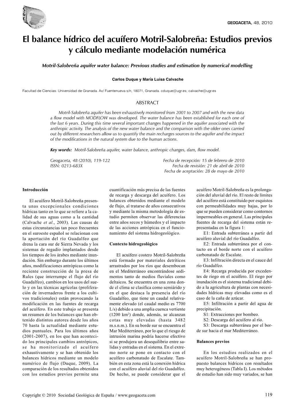 El Balance Hídrico Del Acuífero Motril-Salobreña: Estudios Previos Y Cálculo Mediante Modelación Numérica