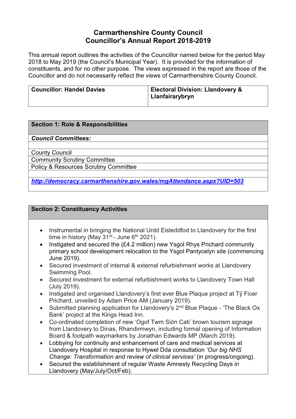 Carmarthenshire County Council Councillor's Annual Report 2018-2019