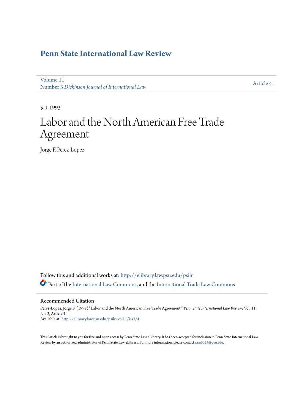 Labor and the North American Free Trade Agreement Jorge F