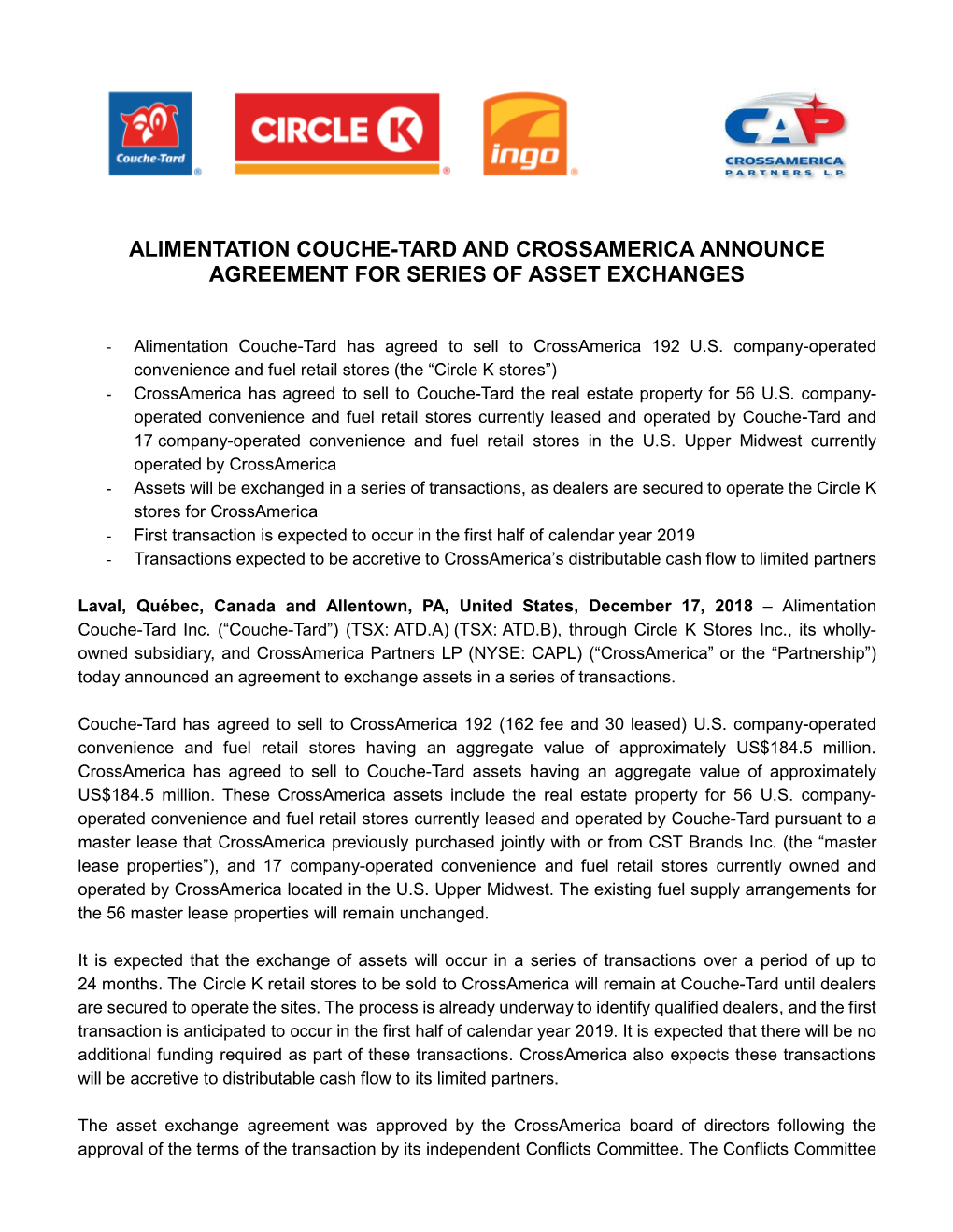 Alimentation Couche-Tard and Crossamerica Announce Agreement for Series of Asset Exchanges