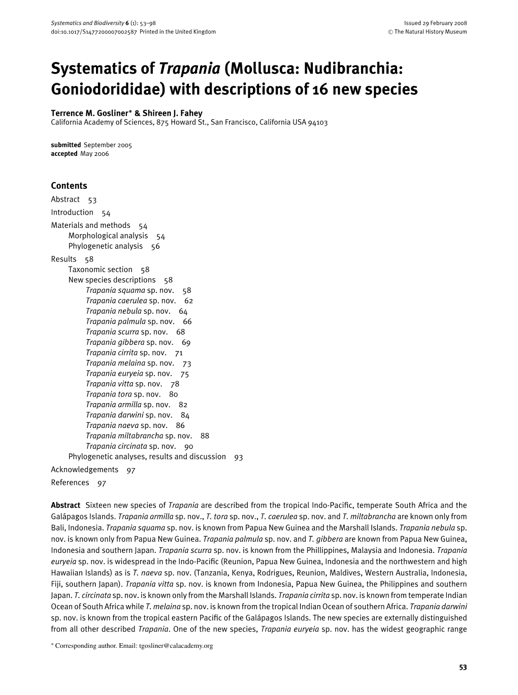 Systematics of Trapania (Mollusca: Nudibranchia: Goniodorididae) with Descriptions of 16 New Species