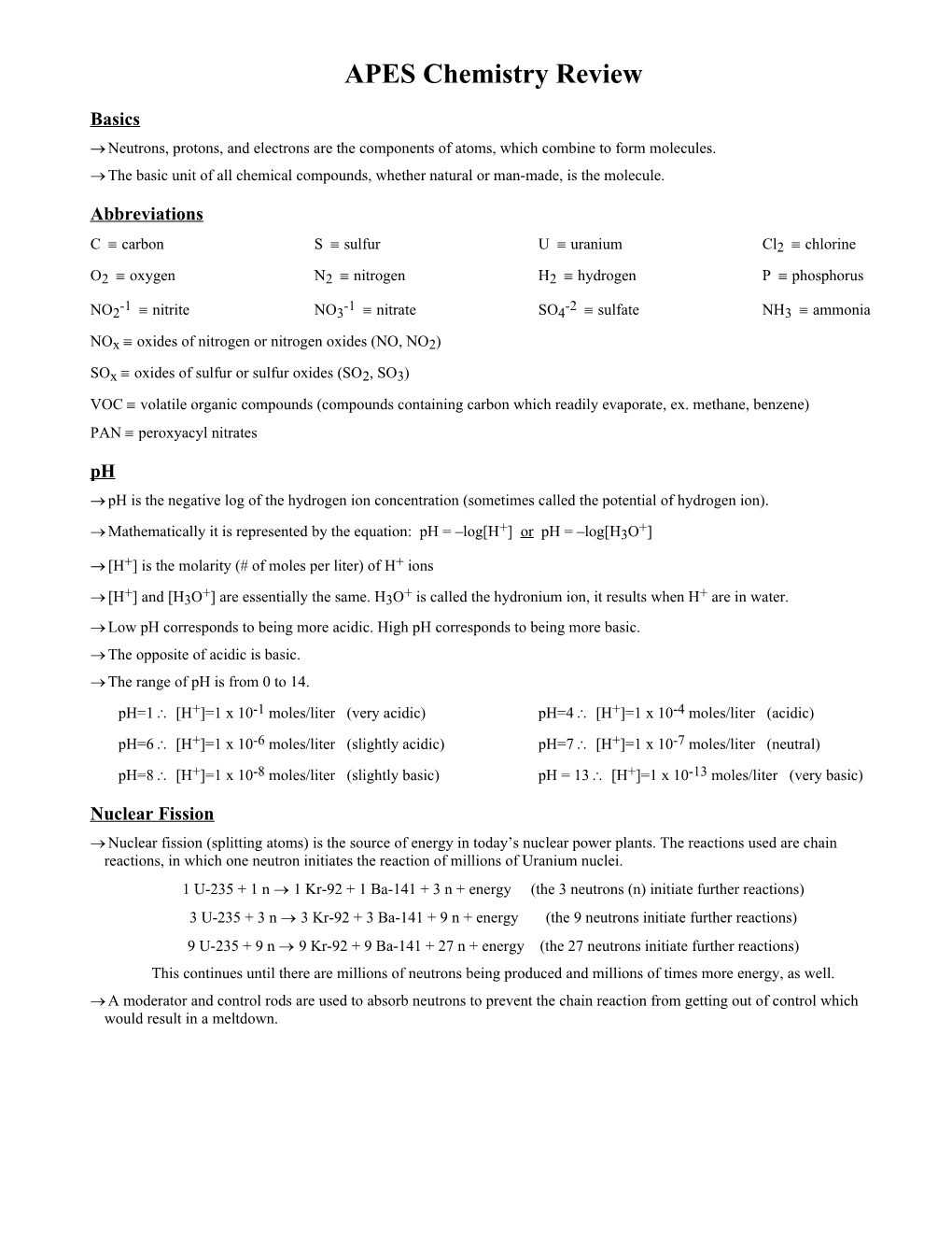 APES Chemistry Review