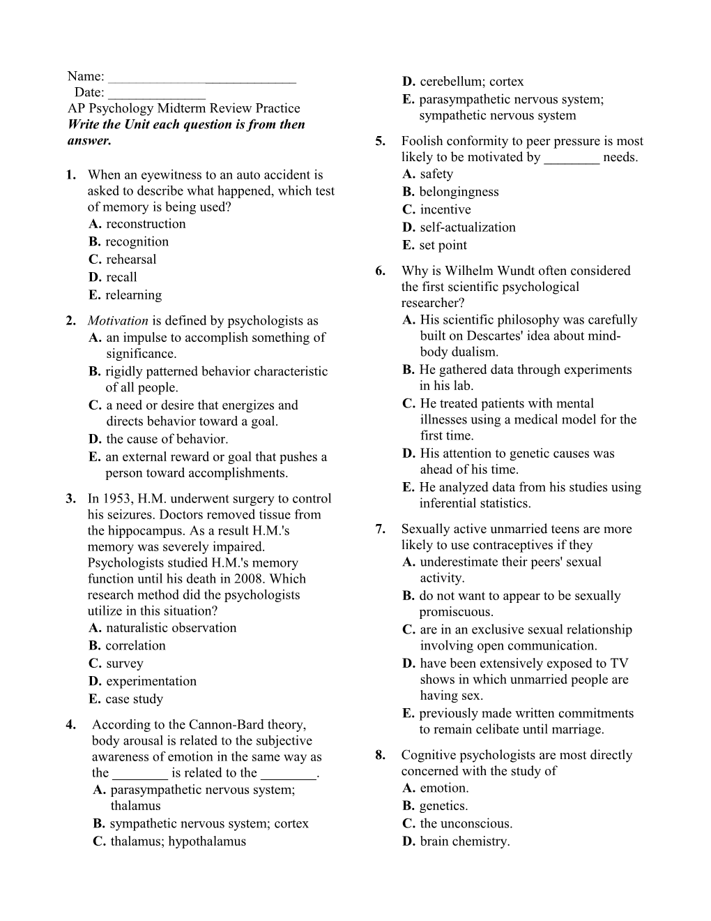 AP Psychology Midterm Review Practice Write the Unit Each Question Is from Then Answer