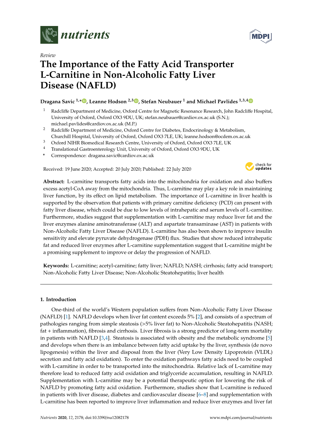 The Importance of the Fatty Acid Transporter L-Carnitine in Non-Alcoholic Fatty Liver Disease (NAFLD)