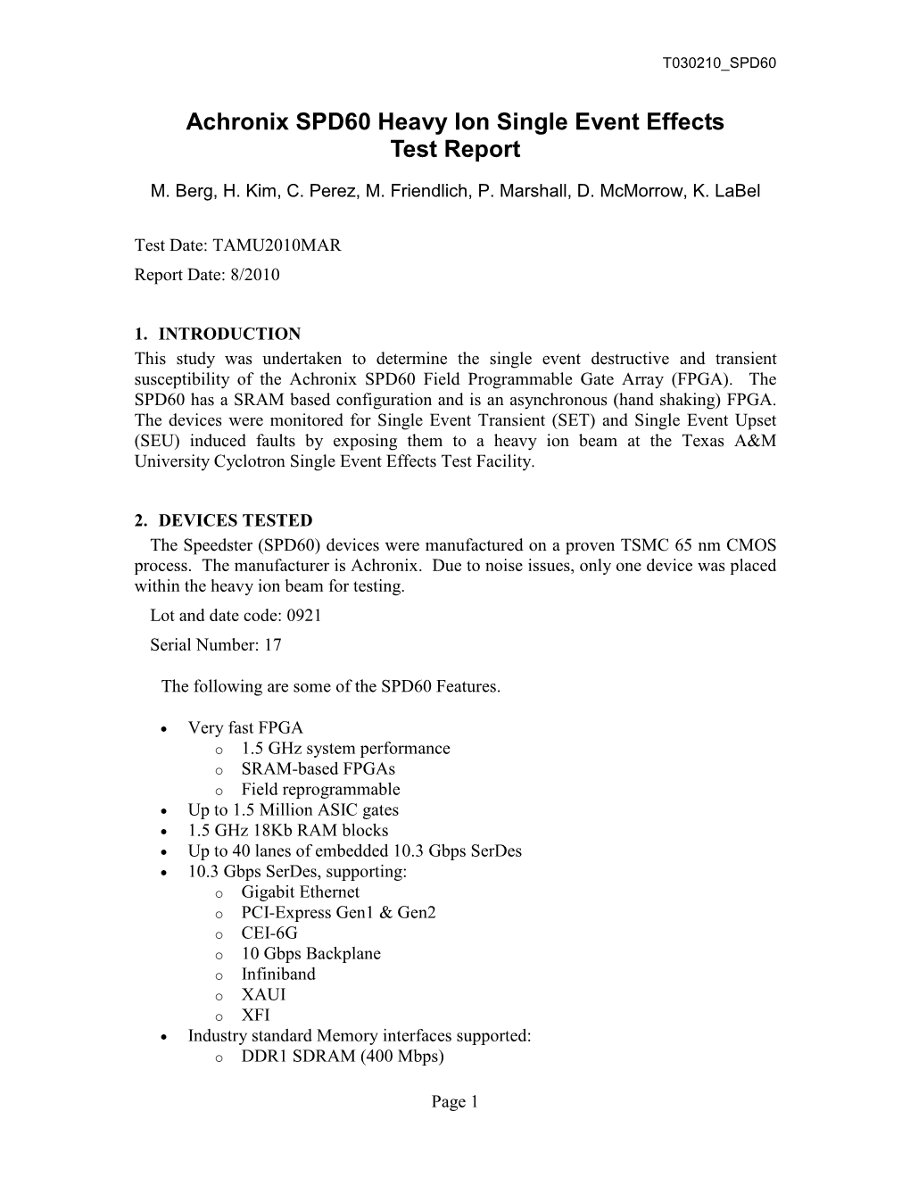 Achronix SPD60 Heavy Ion Single Event Effects Test Report