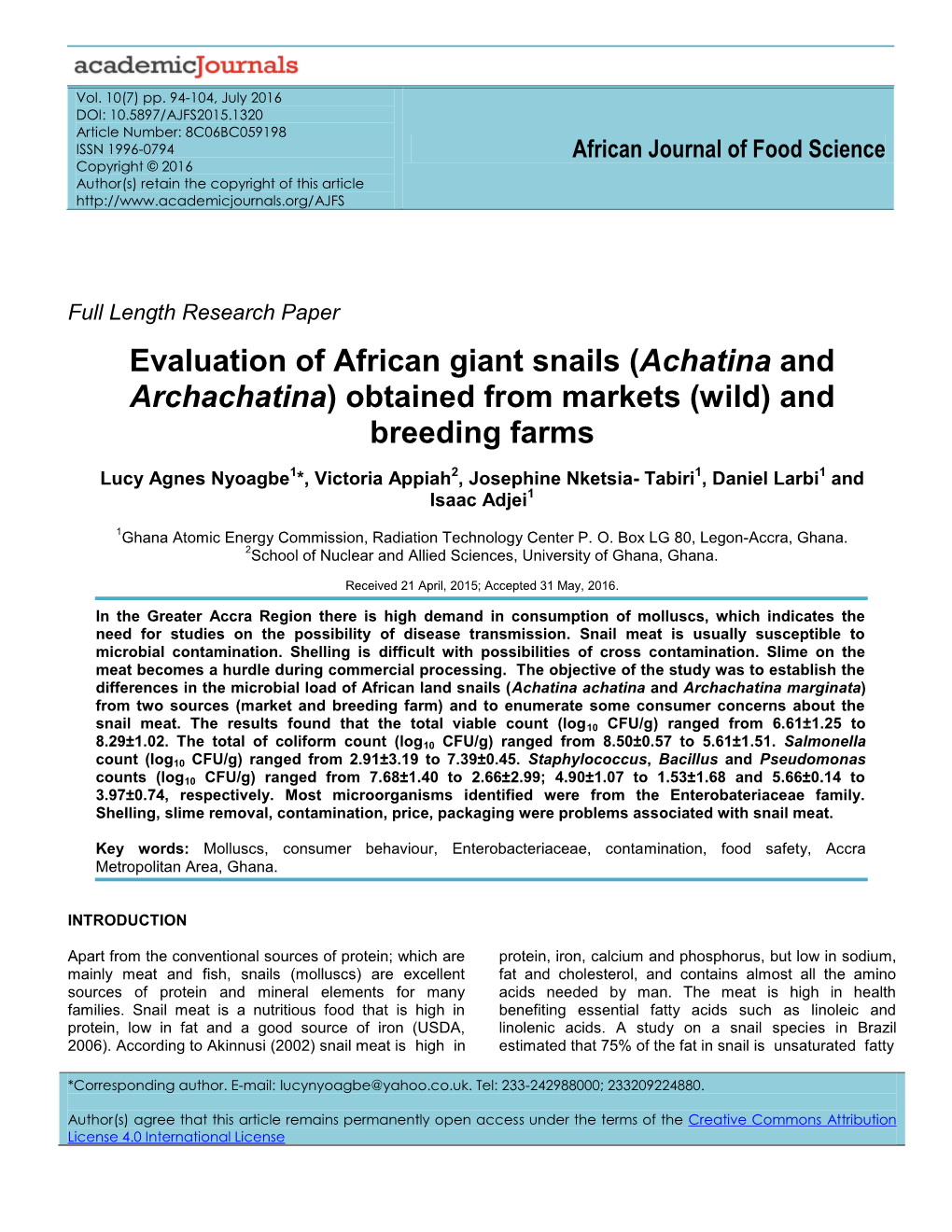 Evaluation of African Giant Snails (Achatina and Archachatina) Obtained from Markets (Wild) and Breeding Farms